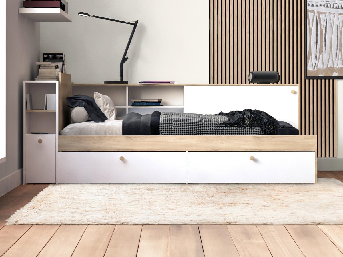 Vente-unique Letto 90 x 200 cm Con vani portaoggetti Bianco e Naturale + Rete - LIARA  