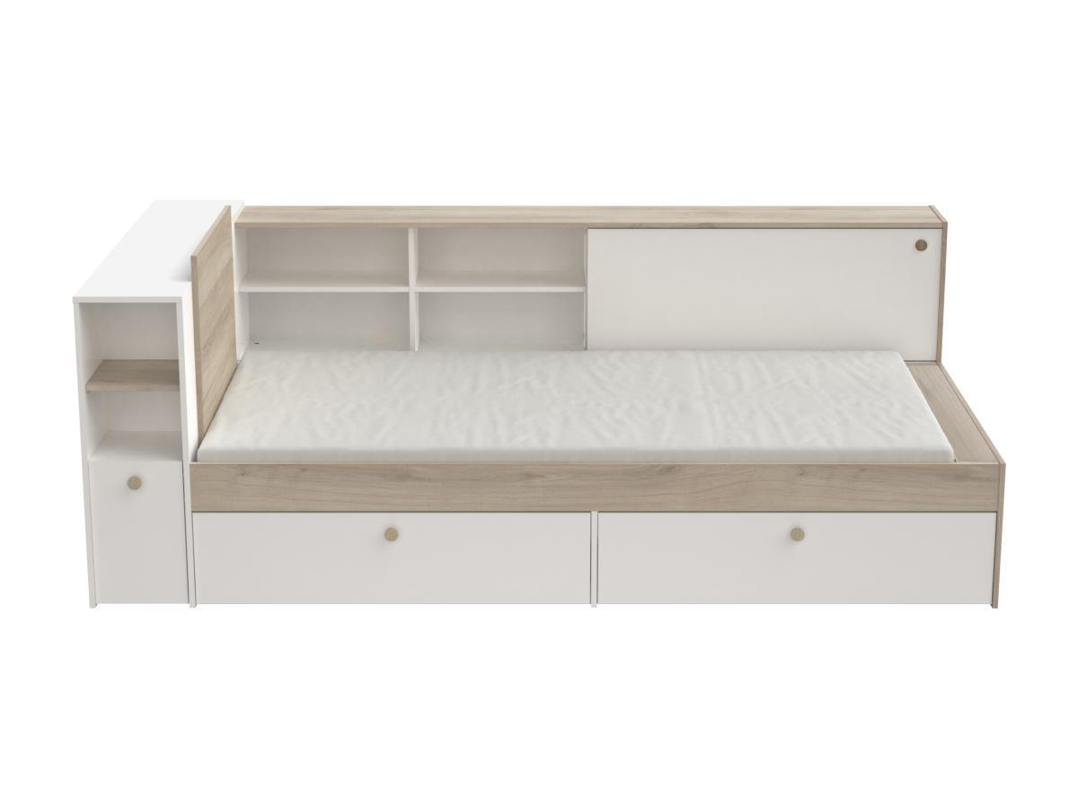 Vente-unique Letto 90 x 200 cm Con vani portaoggetti Bianco e Naturale + Rete - LIARA  