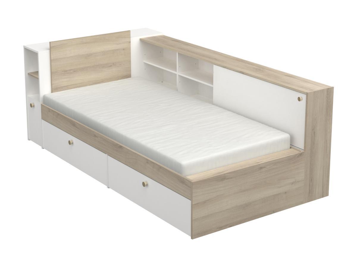 Vente-unique Letto 90 x 200 cm Con vani portaoggetti Bianco e Naturale + Rete - LIARA  