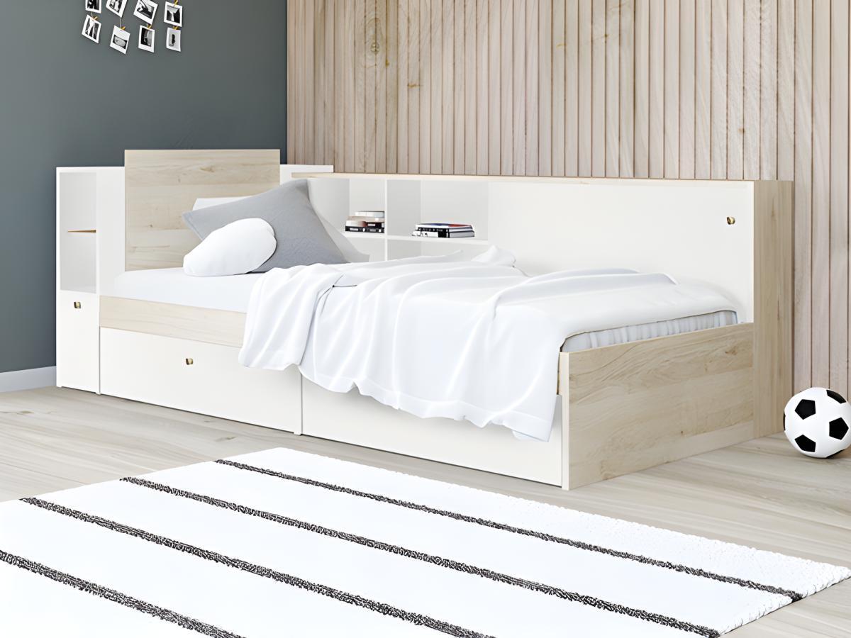 Vente-unique Letto 90 x 200 cm Con vani portaoggetti Bianco e Naturale + Rete - LIARA  