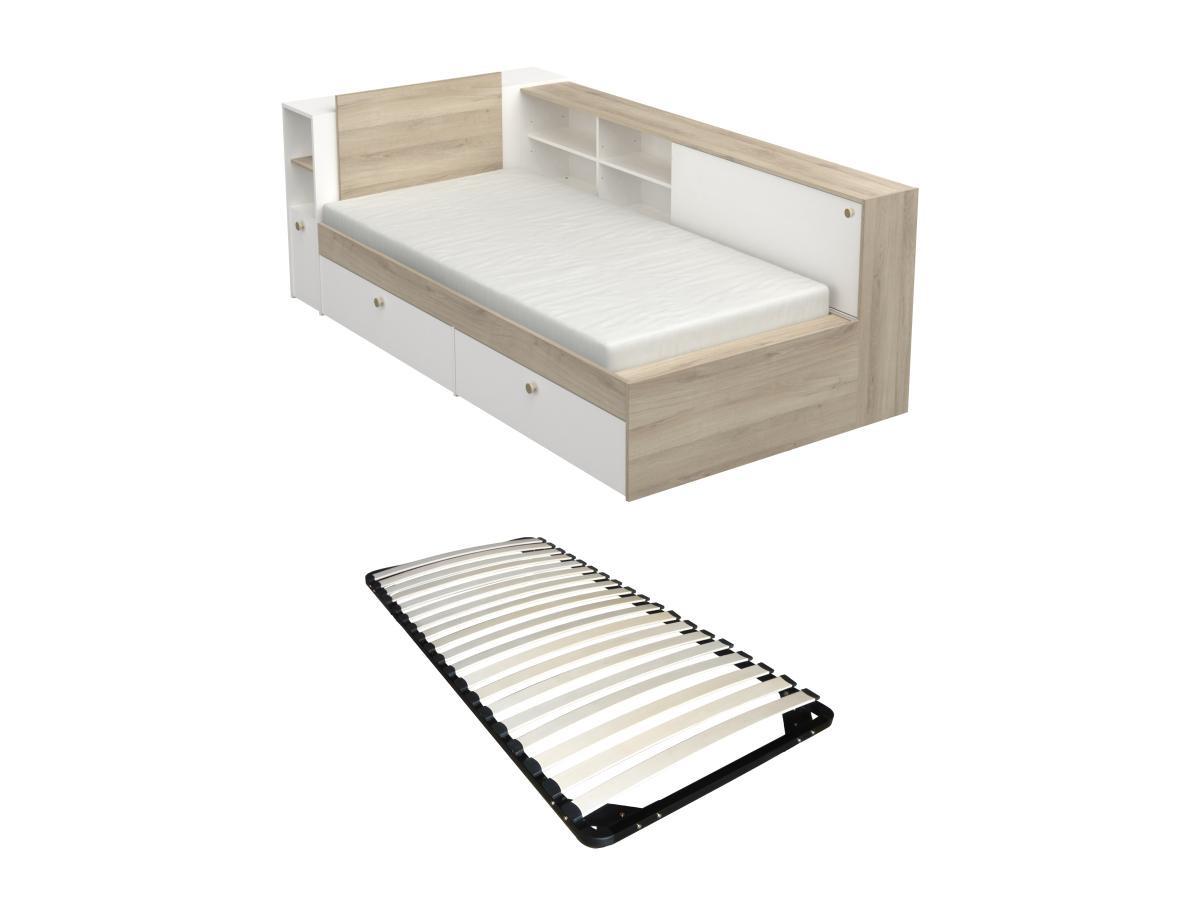 Vente-unique Letto 90 x 200 cm Con vani portaoggetti Bianco e Naturale + Rete - LIARA  