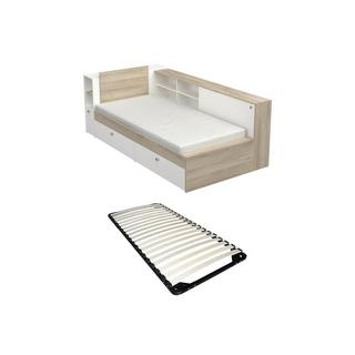 Vente-unique Letto 90 x 200 cm Con vani portaoggetti Bianco e Naturale + Rete - LIARA  