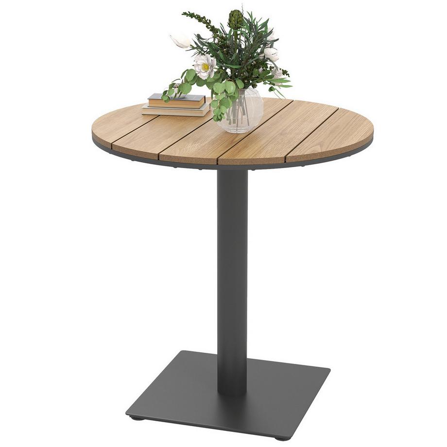 Table de jardin Ø70 cm, table de balcon ronde résistante aux intempéries avec design à lattes, table à manger d'extérieur en acier, table de camping, table d'appoint, table de patio pour jardin, terrasse, balcon, bois naturel