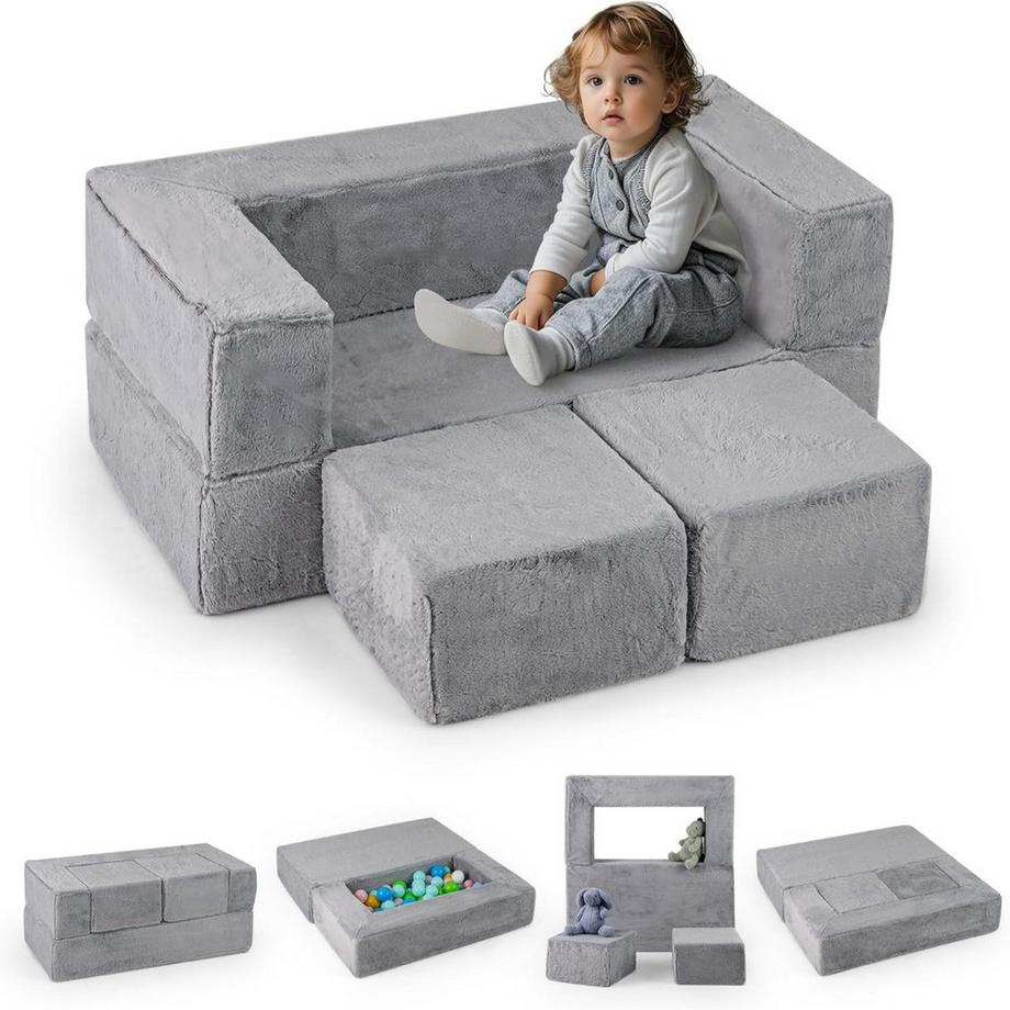 Northix Modulares Kindersofa Spielsofa aus Schaumstoff mit abnehmbarem Plüschbezug Grau  