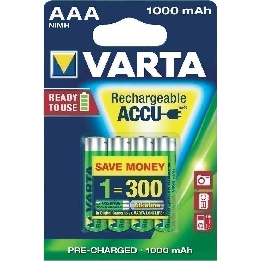 VARTA  Batteria ricaricabile Ni-MH AAA | 1,2 V DC | 1000 mAh | Precaricata | Scheda da 4 blister 