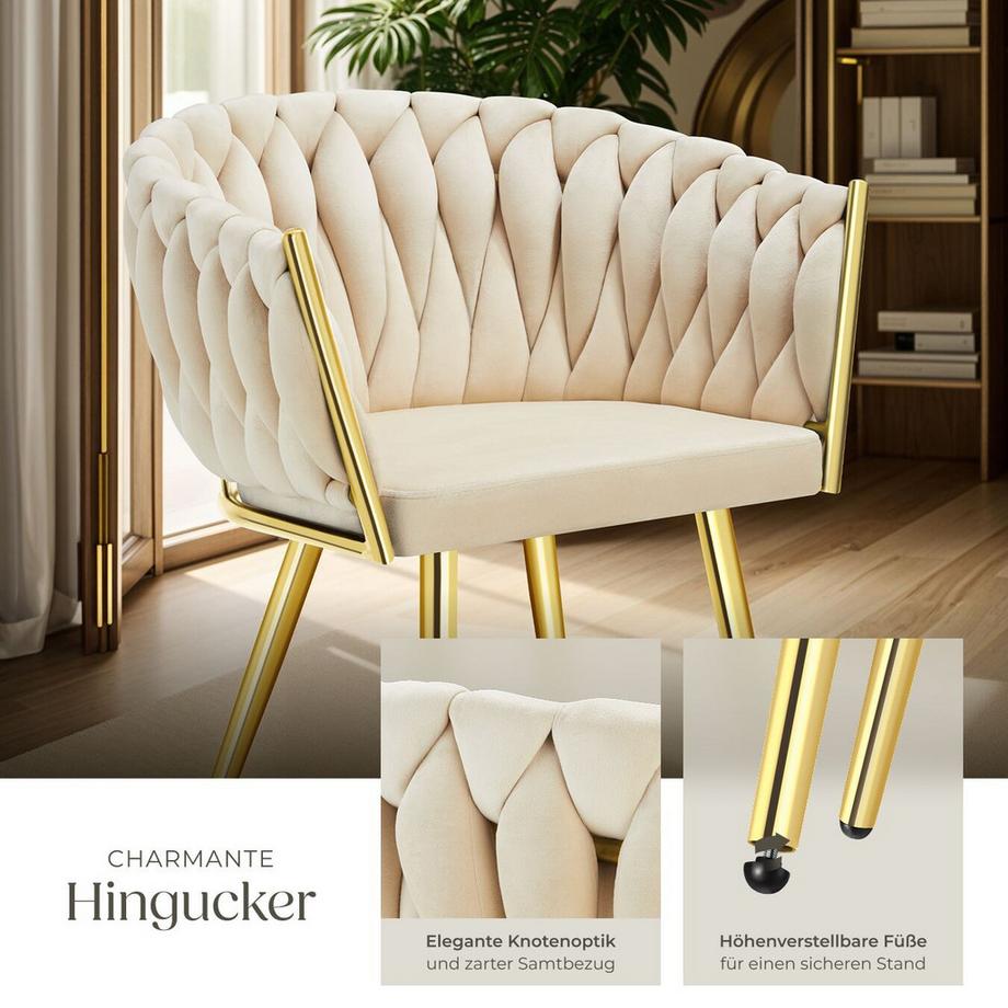 Tectake Set Esszimmerstuhl Astano gepolstert, mit Samtbezug, Knotendesign durchgehende Lehne  