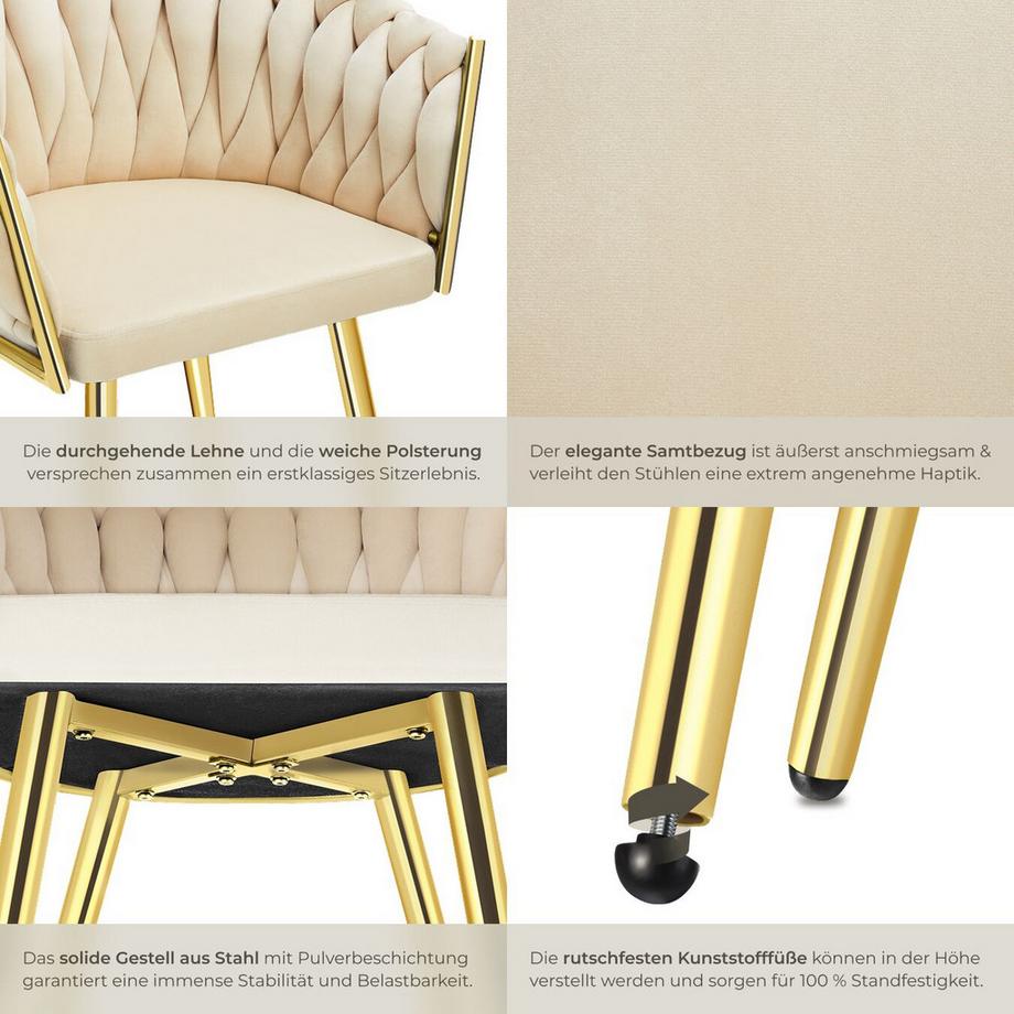 Tectake Set Esszimmerstuhl Astano gepolstert, mit Samtbezug, Knotendesign durchgehende Lehne  