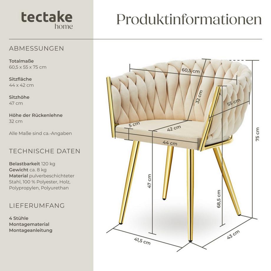 Tectake Set Esszimmerstuhl Astano gepolstert, mit Samtbezug, Knotendesign durchgehende Lehne  