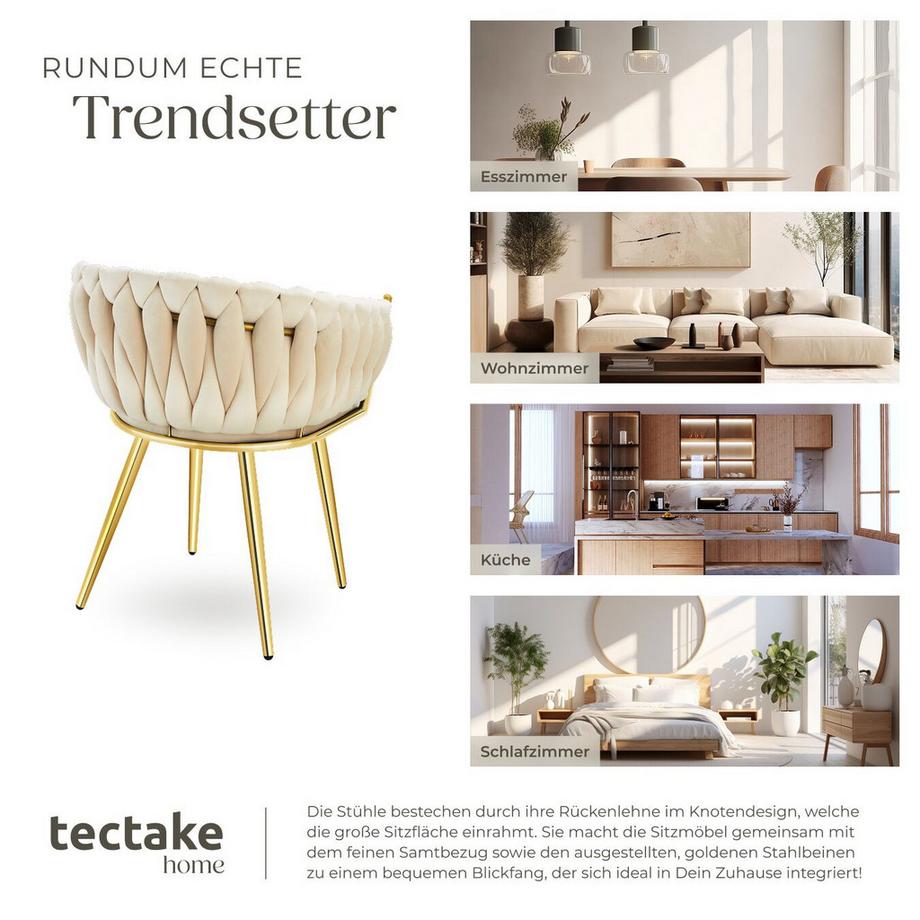 Tectake Set Esszimmerstuhl Astano gepolstert, mit Samtbezug, Knotendesign durchgehende Lehne  