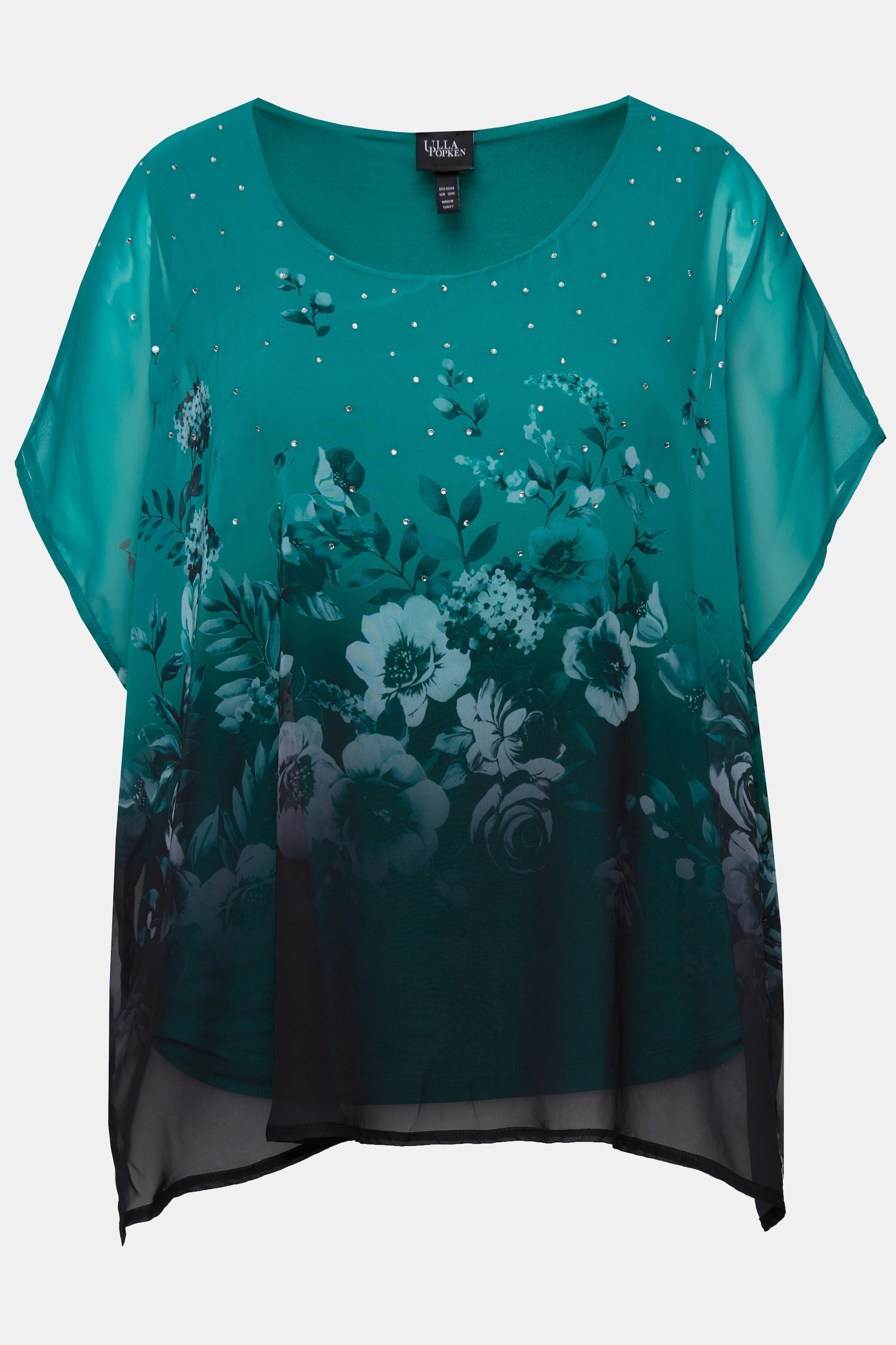 Ulla Popken  Blusa di chiffon a doppio strato con fiori, scollo rotondo e mezze maniche 