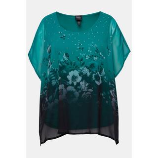 Ulla Popken  Blusa di chiffon a doppio strato con fiori, scollo rotondo e mezze maniche 