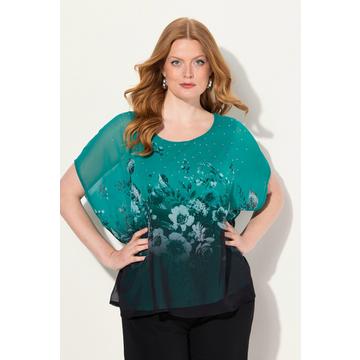 Blusa di chiffon a doppio strato con fiori, scollo rotondo e mezze maniche