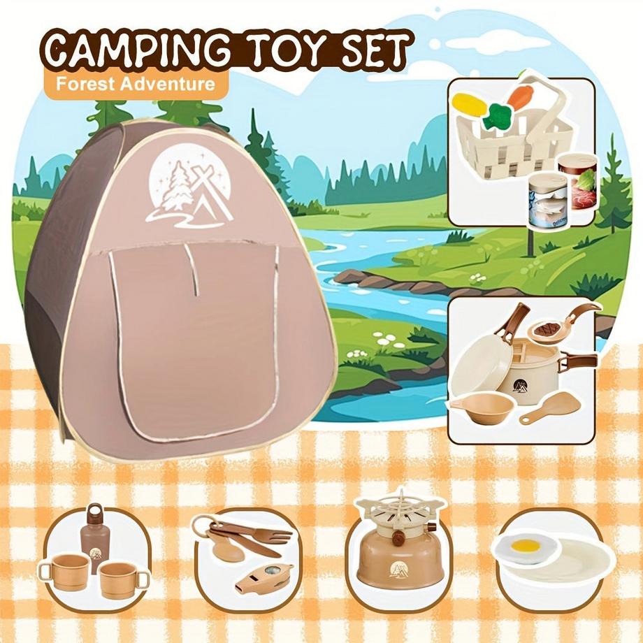 Activity-board  Ensemble de jouets de camping avec tente de jeu Jouets de feu de camp, ensemble de jouets de barbecue, ensemble de jouets de cuisine à découper, ensemble de jouets d'intérieur et d'extérieur. 