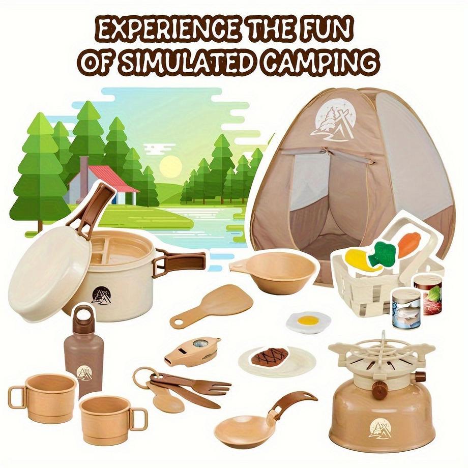 Activity-board  Ensemble de jouets de camping avec tente de jeu Jouets de feu de camp, ensemble de jouets de barbecue, ensemble de jouets de cuisine à découper, ensemble de jouets d'intérieur et d'extérieur. 