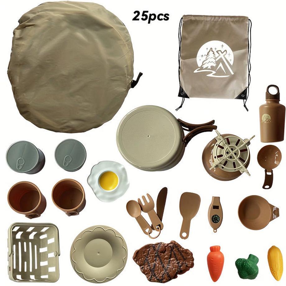 Activity-board  Ensemble de jouets de camping avec tente de jeu Jouets de feu de camp, ensemble de jouets de barbecue, ensemble de jouets de cuisine à découper, ensemble de jouets d'intérieur et d'extérieur. 