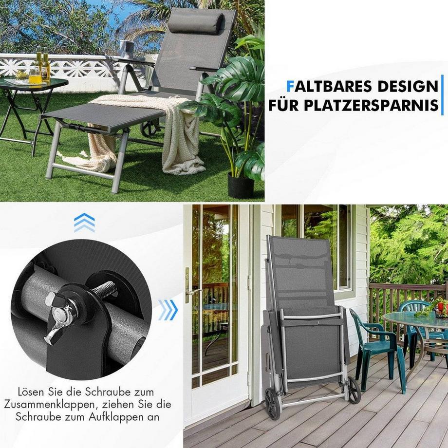 Northix Sedia a sdraio in alluminio con ruote Lettino prendisole pieghevole 137,5 x 75 x 23,5 cm Grigio  