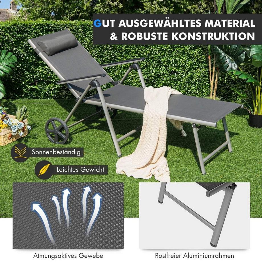 Northix Sedia a sdraio in alluminio con ruote Lettino prendisole pieghevole 137,5 x 75 x 23,5 cm Grigio  