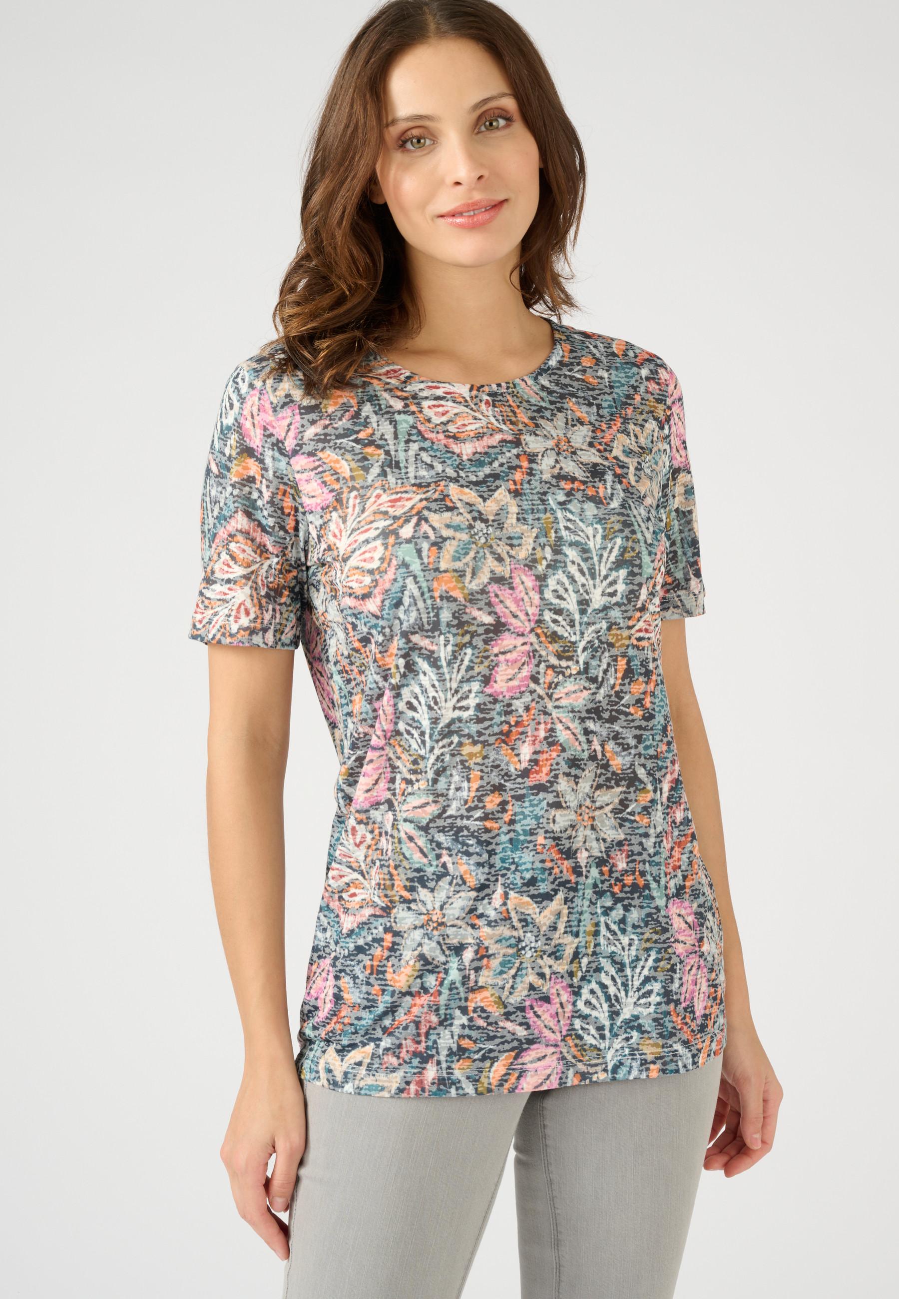 Image of Bedrucktes T-shirt Aus Gewebe Mit Ausbrennern. Damen Blau 54/56