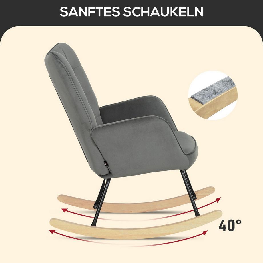 Northio Fauteuil à bascule, fauteuil à bascule aspect velours, accoudoir, fauteuil avec patins en bois, fauteuil de relaxation pour salon, chambre à coucher, gris foncé  