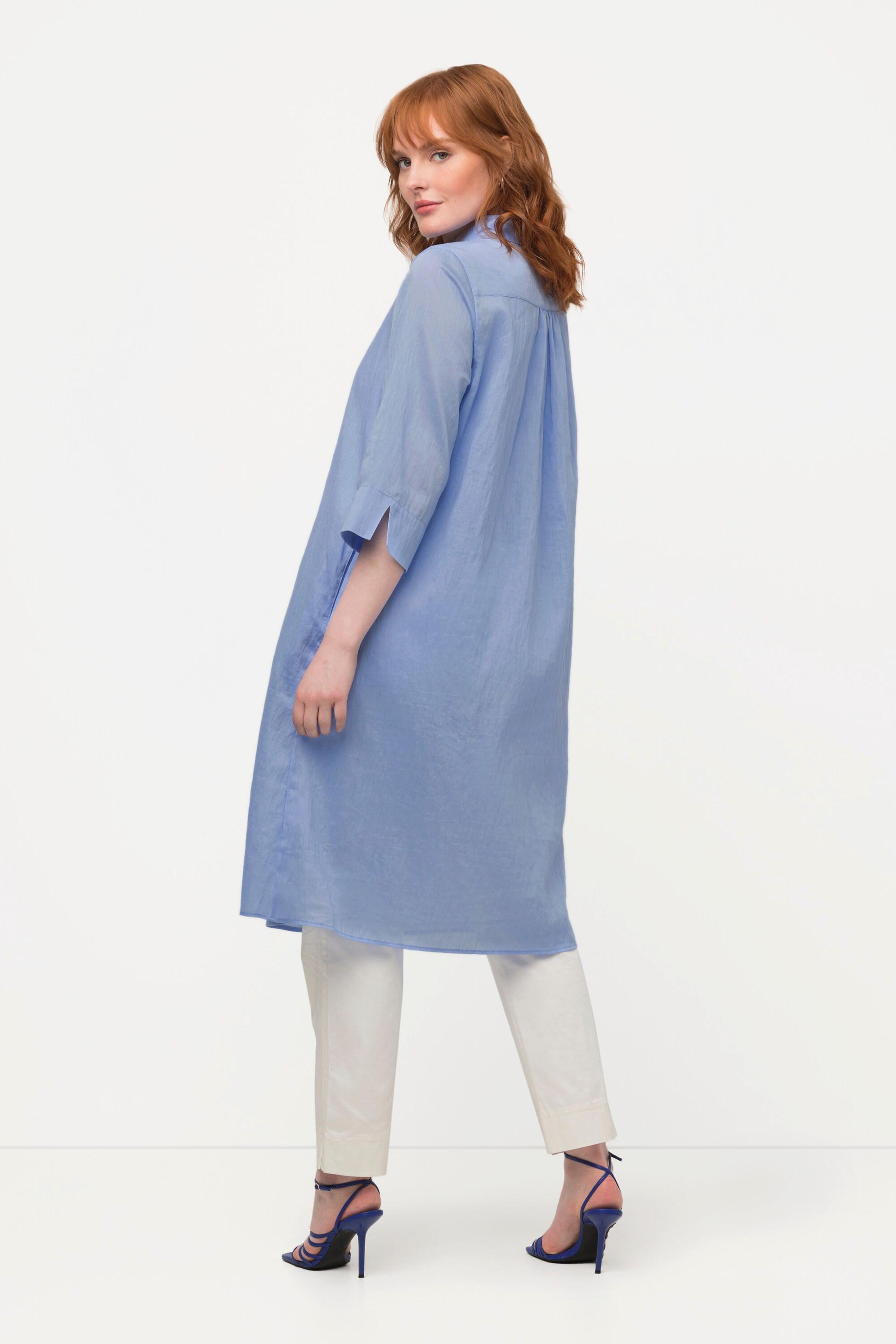 Ulla Popken Blusa lunga in misto lino taglio svasato collo camicia maniche 3/4  