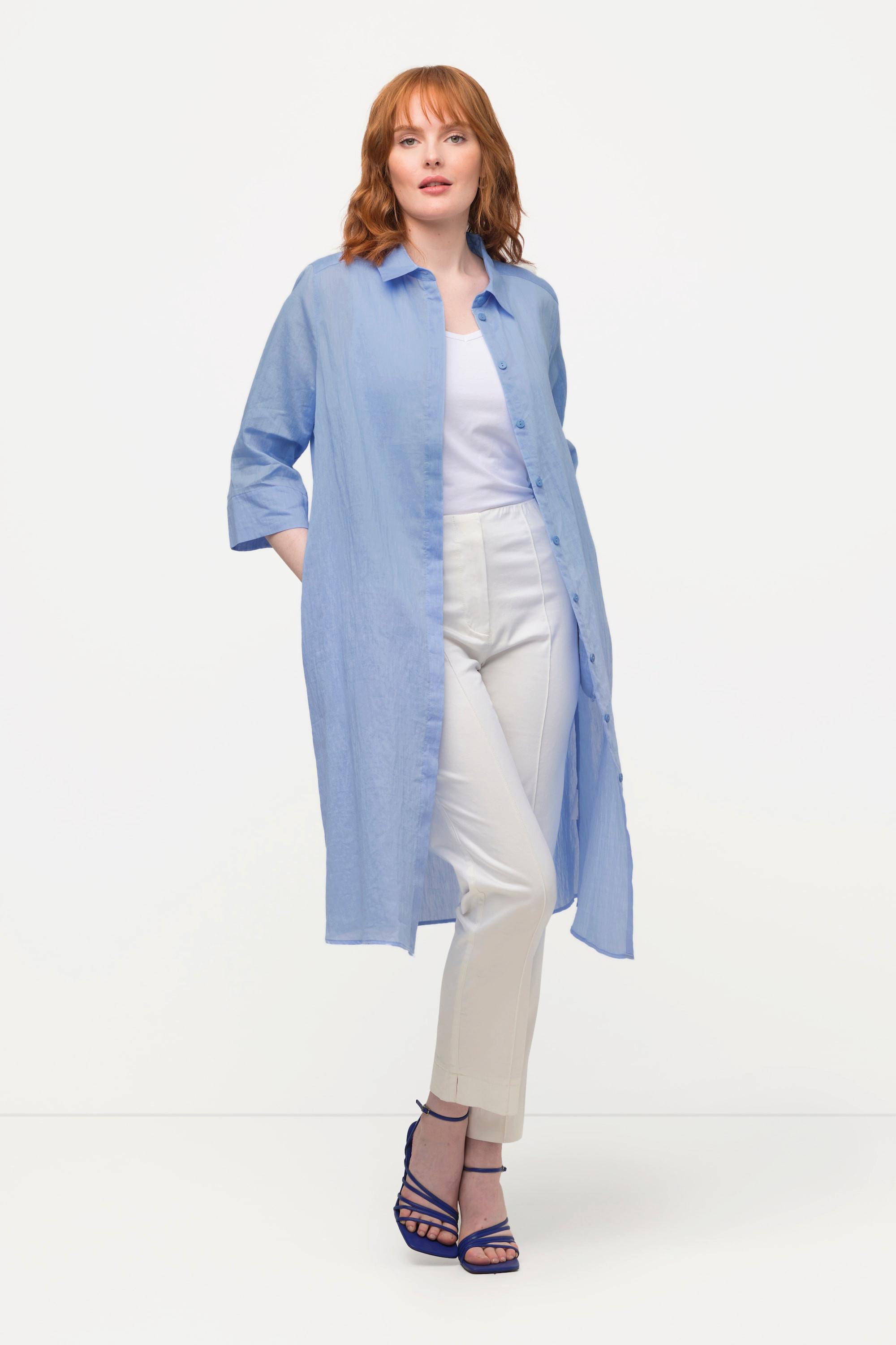 Ulla Popken Blusa lunga in misto lino taglio svasato collo camicia maniche 3/4  