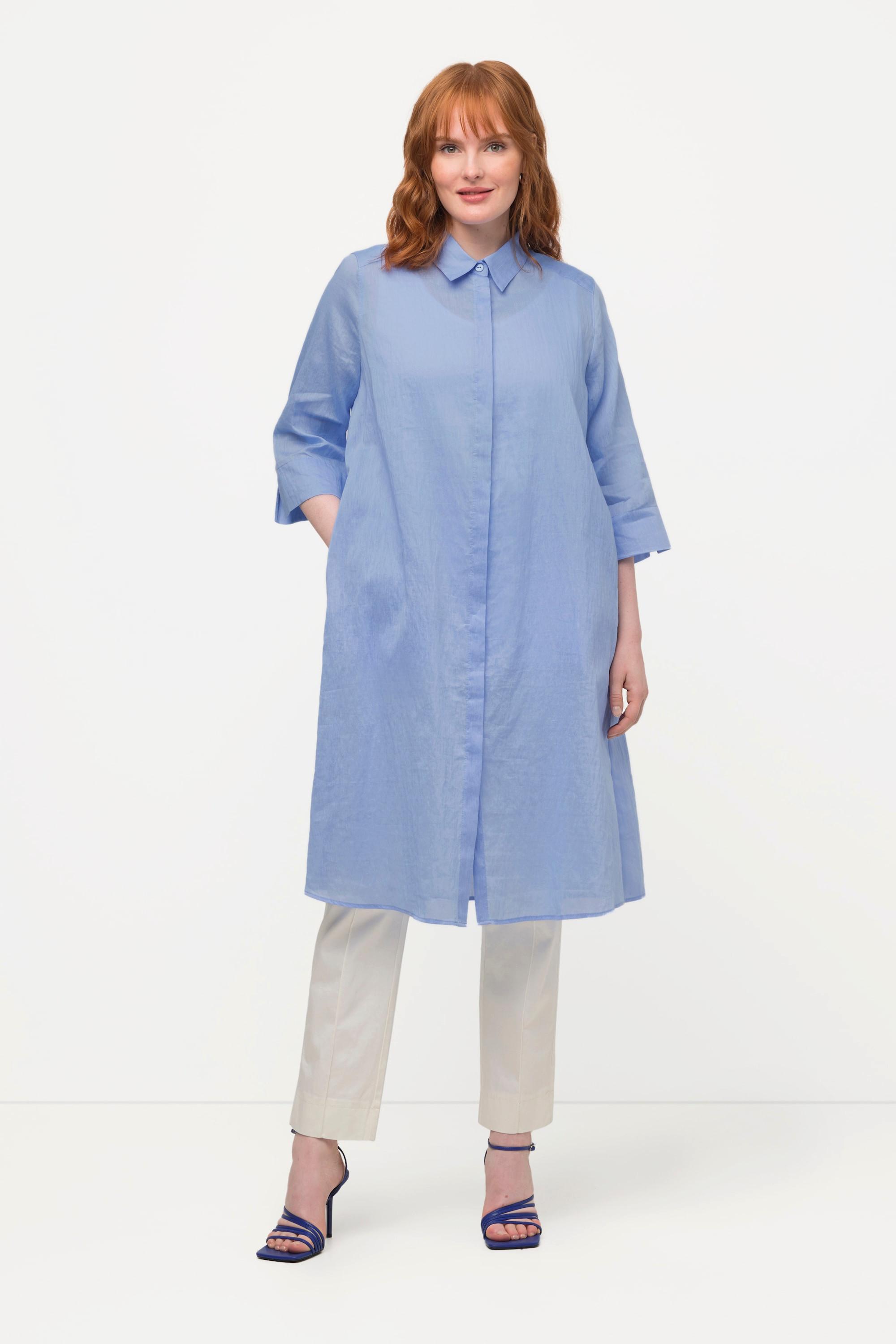 Ulla Popken  Longbluse, Leinenmix, A-Linie, Hemdkragen, 3/4-Arm 