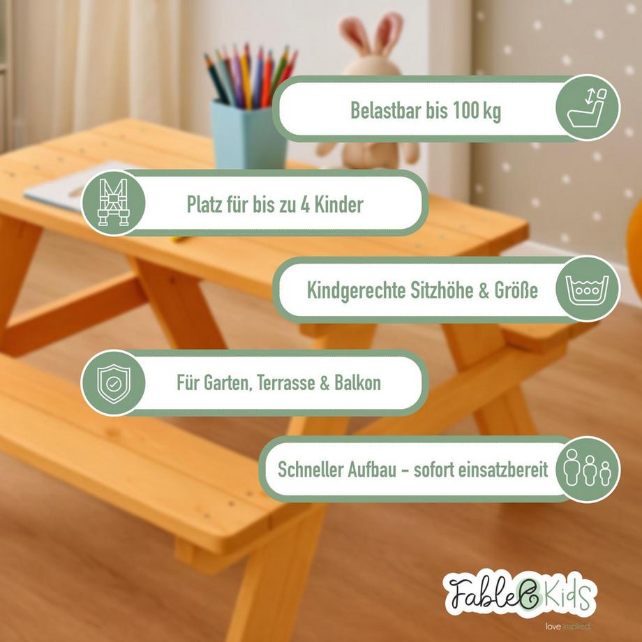 FableKids Kindersitzgarnitur Picknicktisch Kinder - Massivholz  