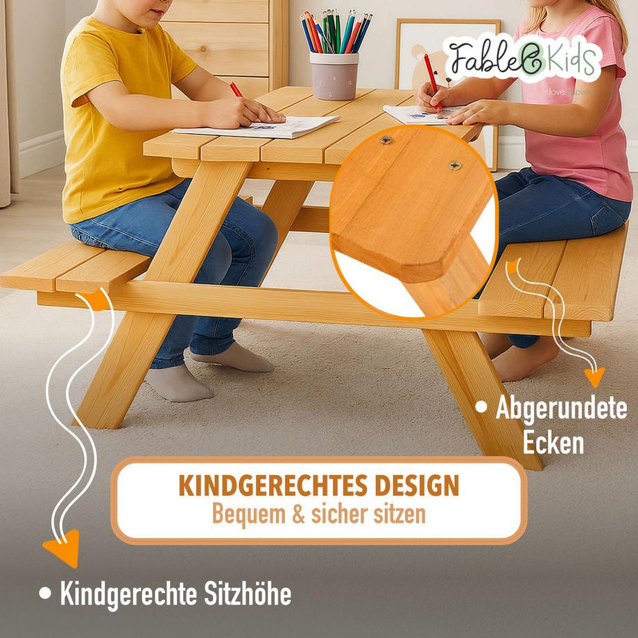 FableKids Kindersitzgarnitur Picknicktisch Kinder - Massivholz  