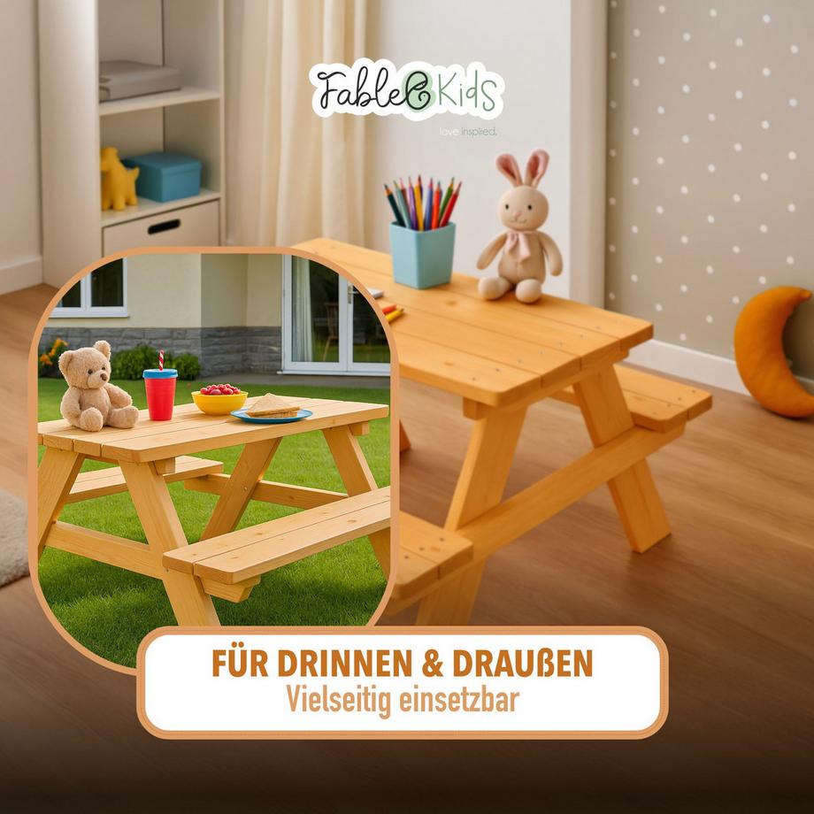 FableKids Kindersitzgarnitur Picknicktisch Kinder - Massivholz  
