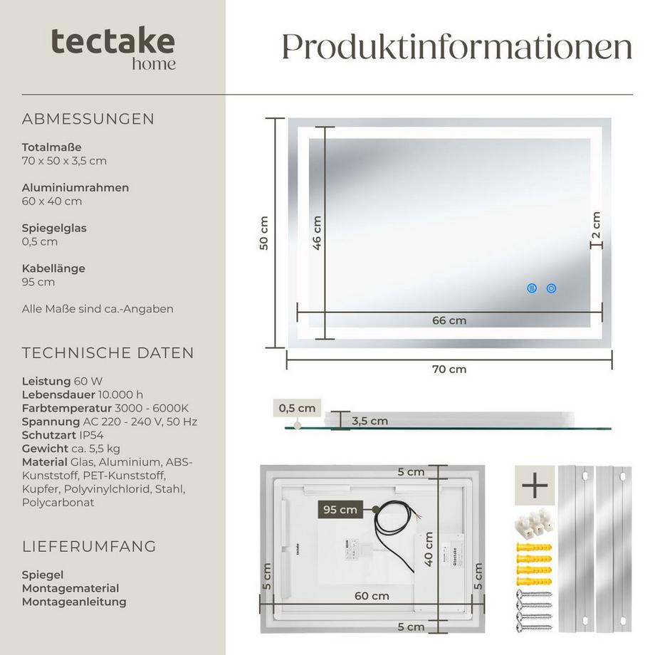 Tectake Specchio da bagno a LED rettangolare Clara Design senza cornice in 3 dimensioni  