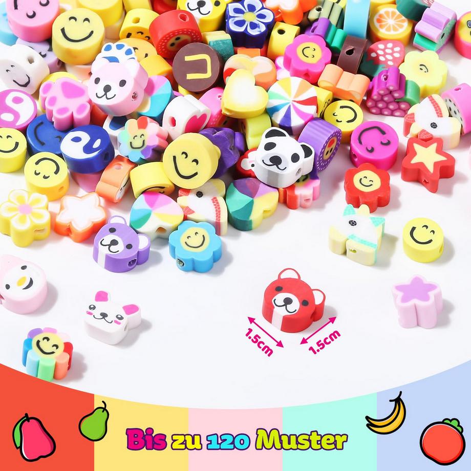 Activity-board  403 pièces perles pour enfilage, 120+pattern perles de polymère perles de pot doux avec fruits animaux bonbons arc-en-ciel étoile d'amour 