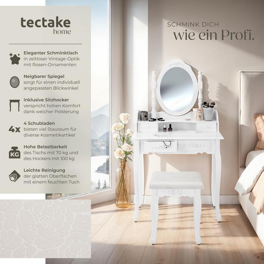 Tectake  Schminktisch  im Antik-Look, mit gepolstertem Hocker schwenkbarer Spiegel 