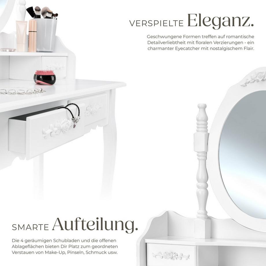 Tectake  Schminktisch  im Antik-Look, mit gepolstertem Hocker schwenkbarer Spiegel 