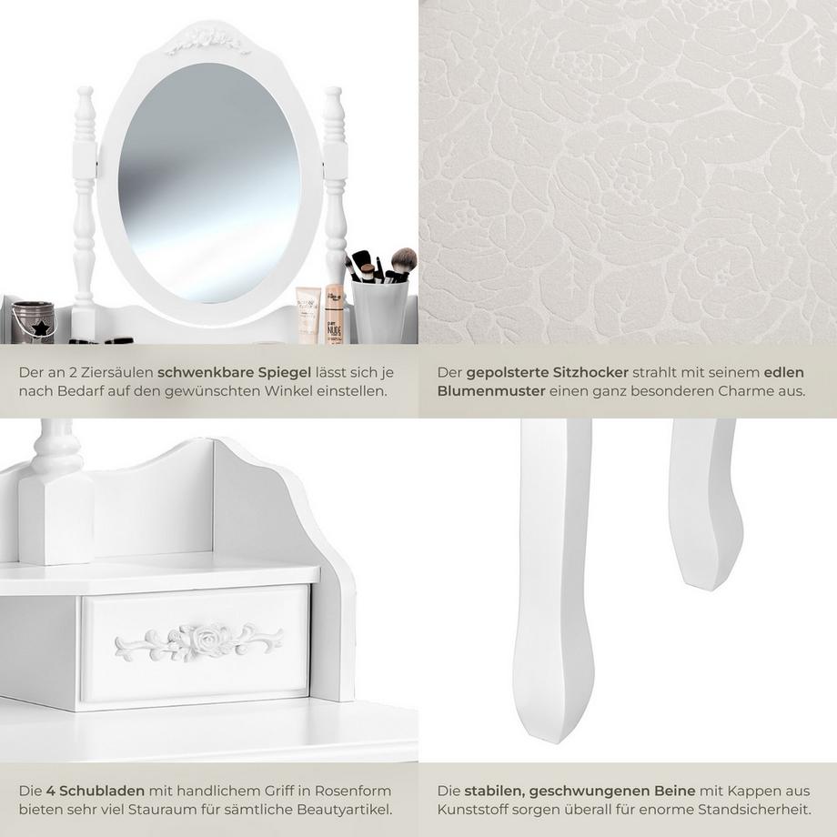Tectake  Schminktisch  im Antik-Look, mit gepolstertem Hocker schwenkbarer Spiegel 