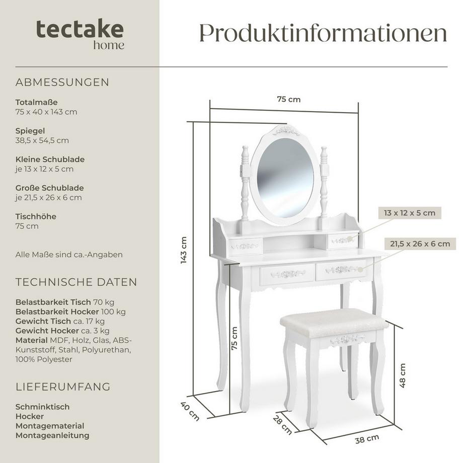 Tectake  Schminktisch  im Antik-Look, mit gepolstertem Hocker schwenkbarer Spiegel 