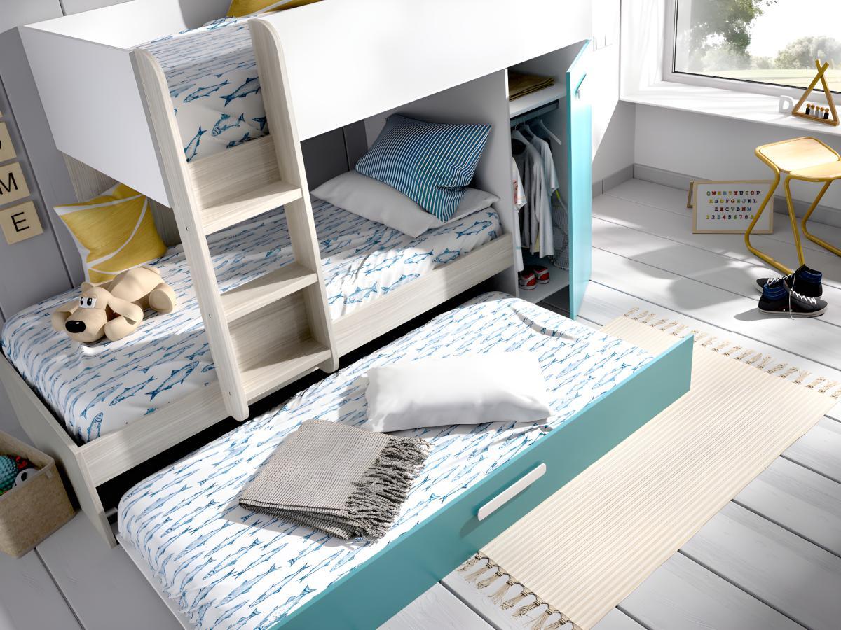 Vente-unique Letto a castello con cassetto letto a scomparsa e contenitori 0 Bianco Rovere e Blu ANTHONY  