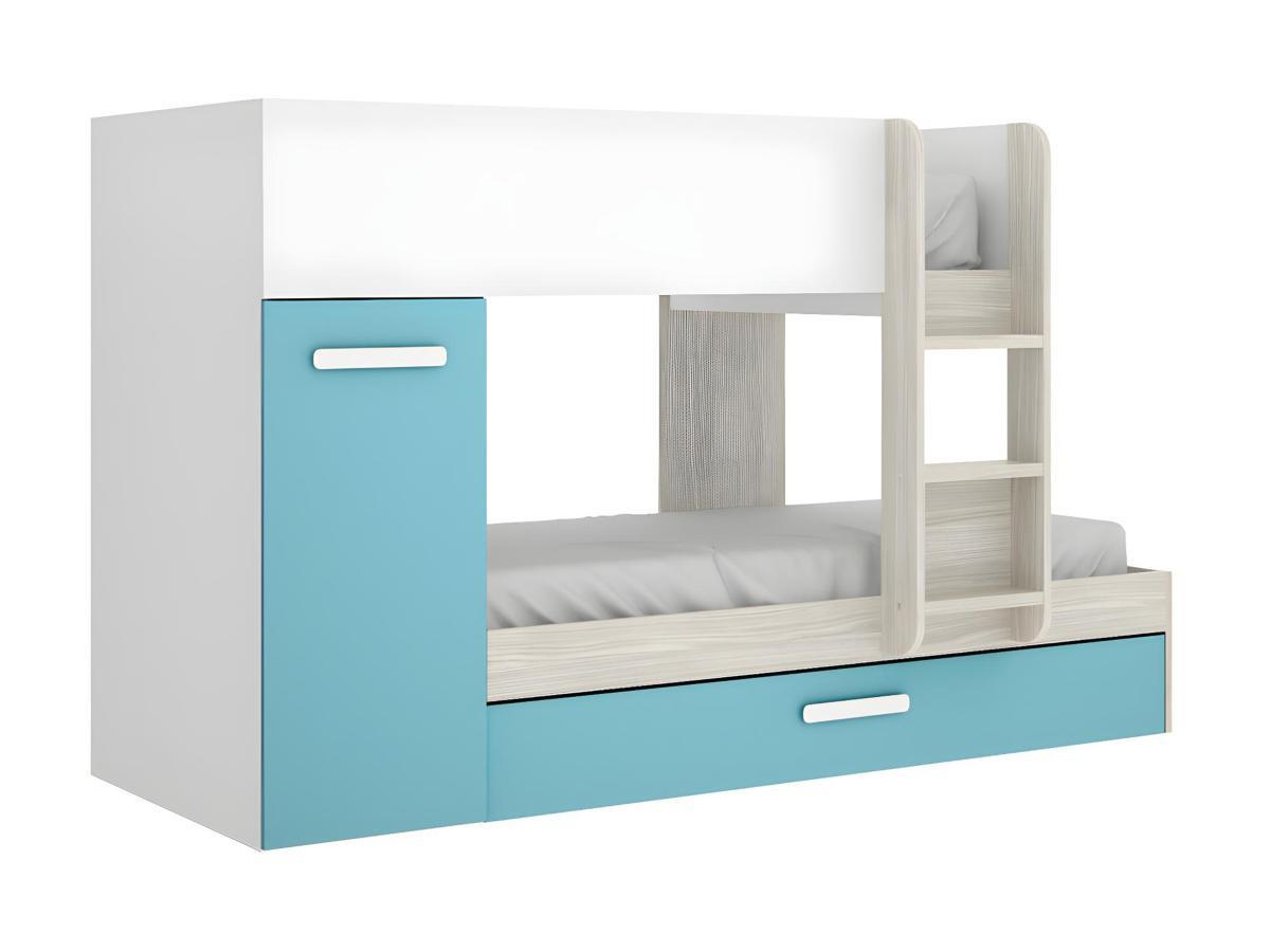 Vente-unique Letto a castello con cassetto letto a scomparsa e contenitori 0 Bianco Rovere e Blu ANTHONY  