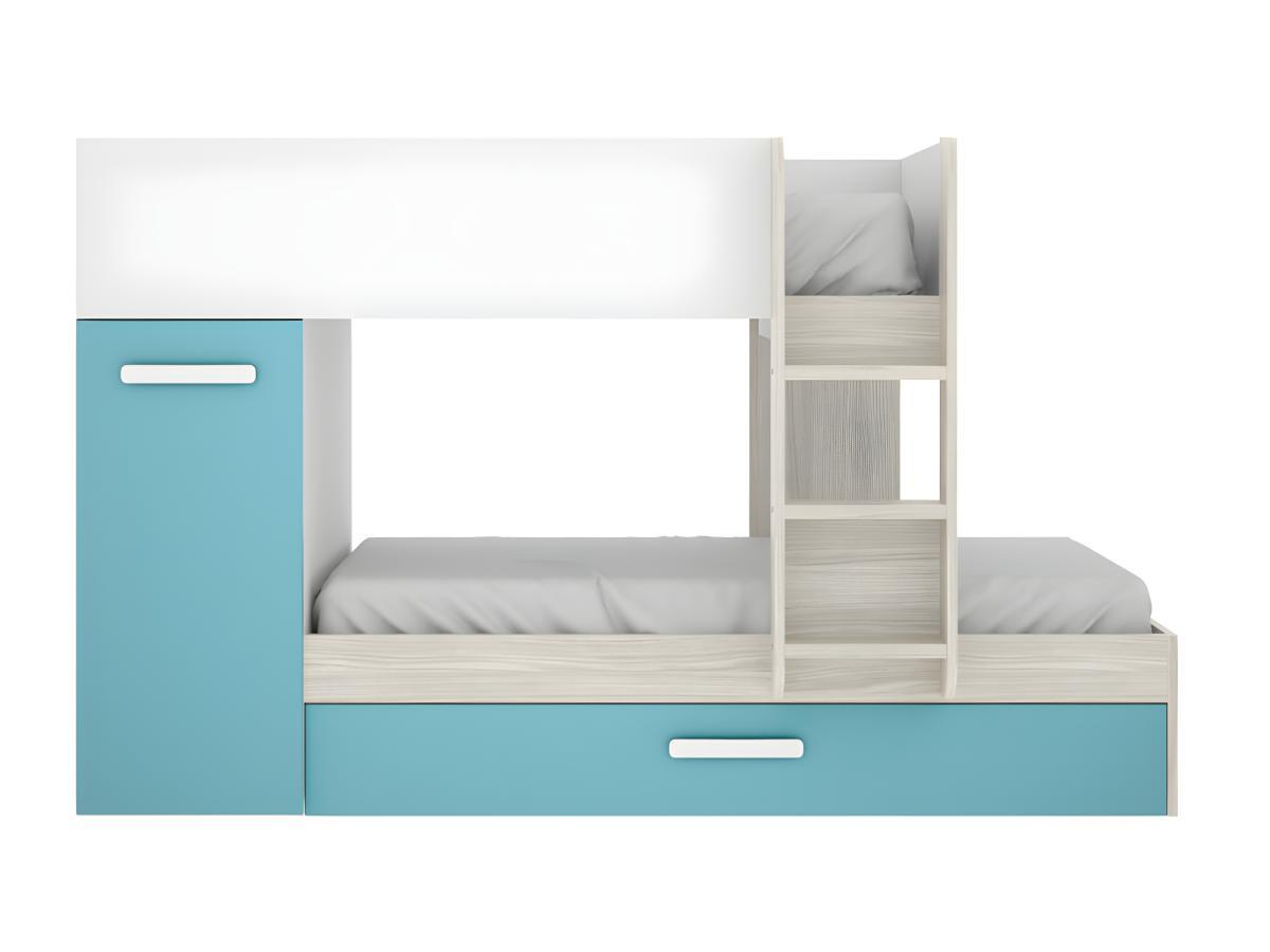 Vente-unique Letto a castello con cassetto letto a scomparsa e contenitori 0 Bianco Rovere e Blu ANTHONY  