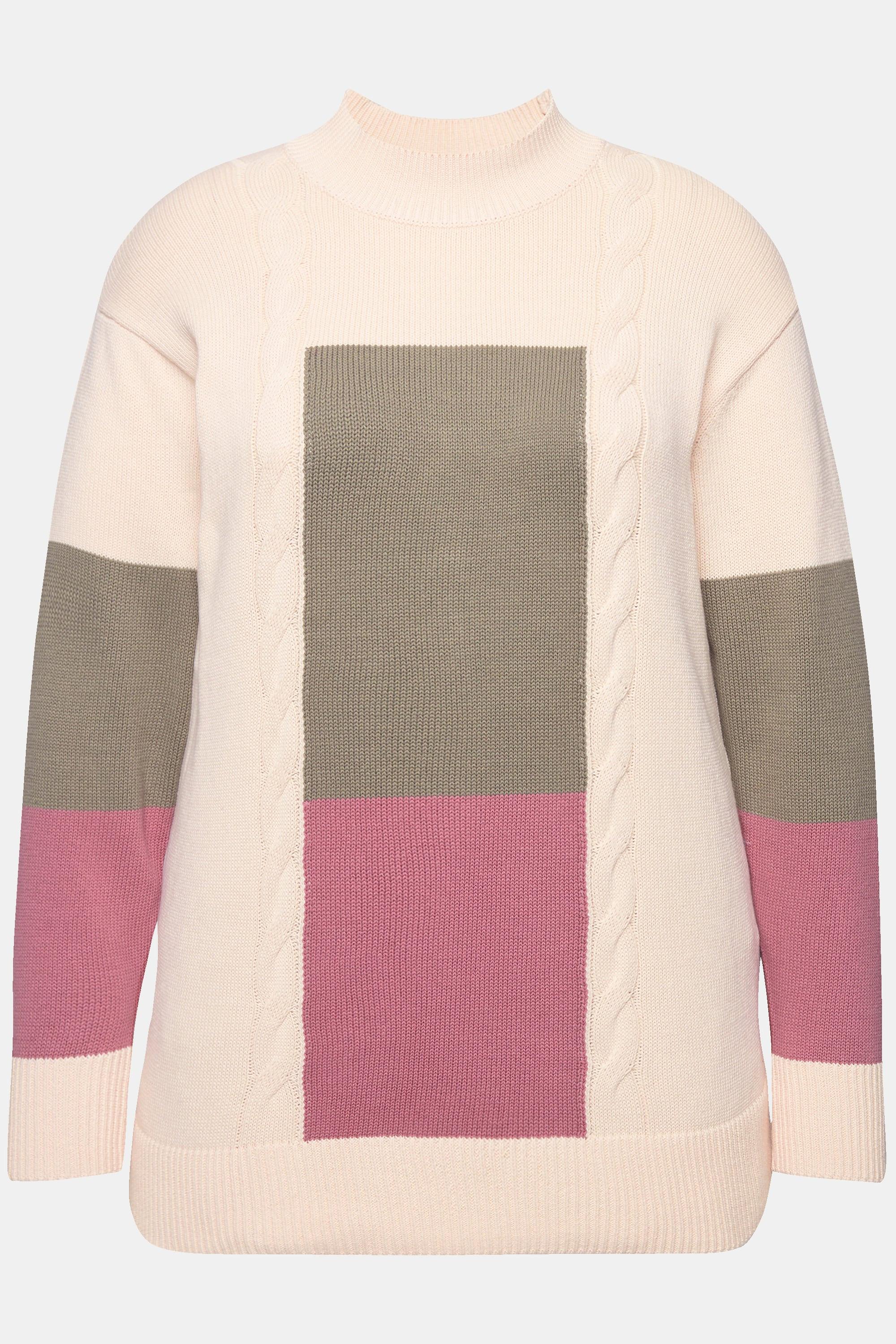 Ulla Popken  Pull en coton bio, col montant et manches longues, esprit « colour block » 