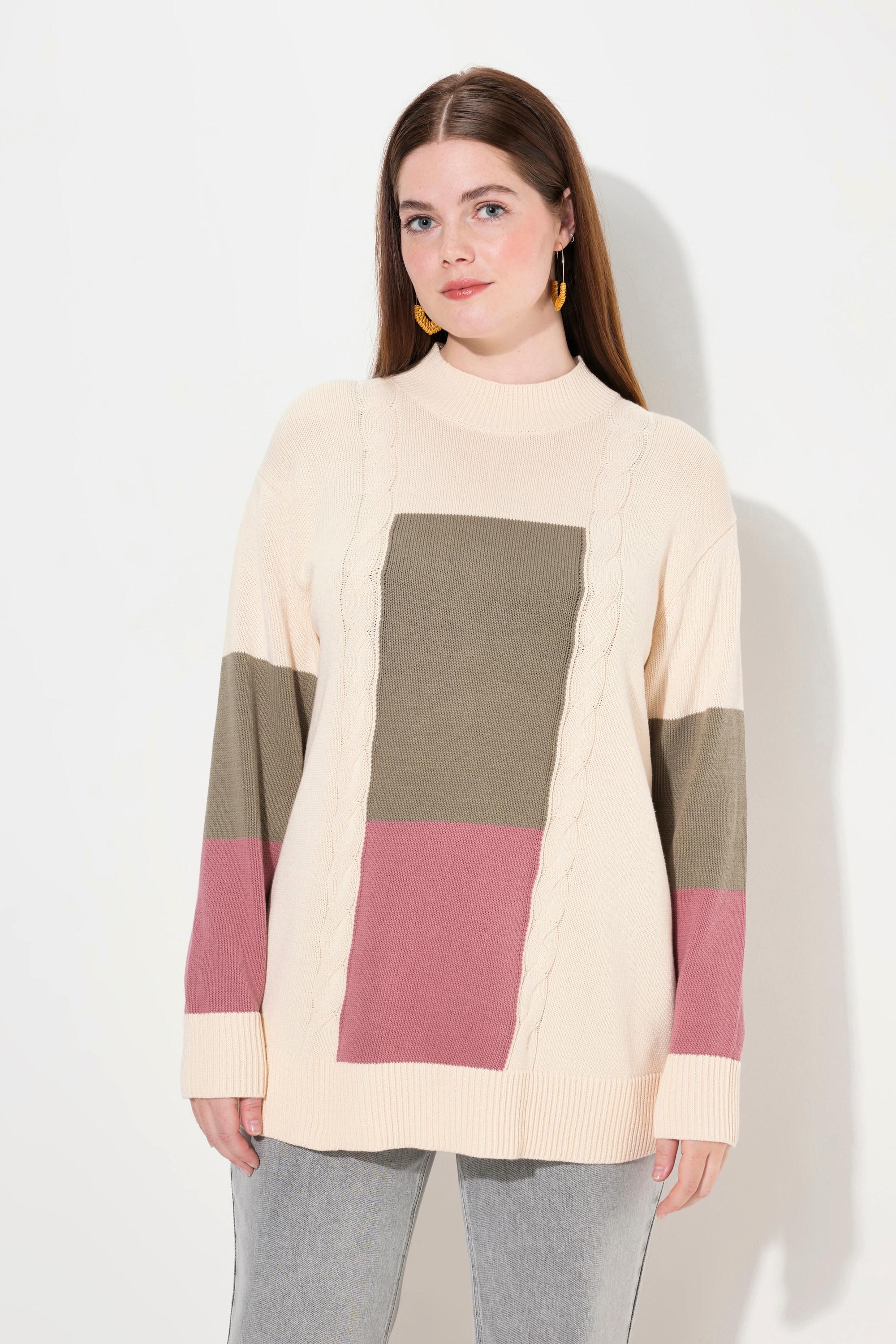 Ulla Popken  Pull en coton bio, col montant et manches longues, esprit « colour block » 