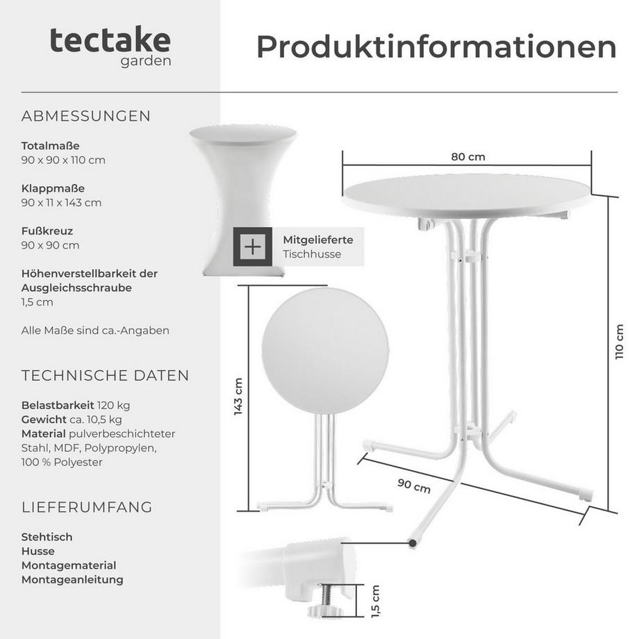 Tectake Stehtisch Eren rund mit Tischhusse klappbar, 90 x 110 cm  