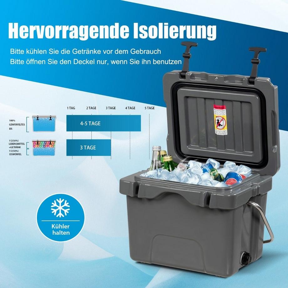 Northio  Kühlbox mit 15 L Fassungsvermögen Eistruhe mit Griff Ablassstopfen & 2 Getränkehaltern Grau 