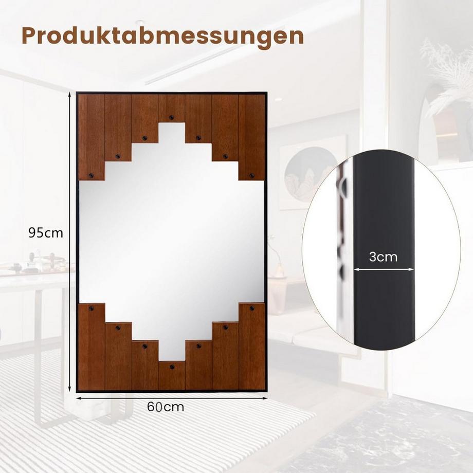 B2X Rechteckiger Spiegel mit Holzrahmen rustikaler Wandspiegel mit Zweirichtungshaken  