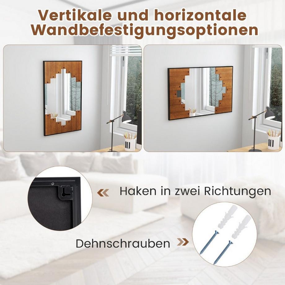 B2X Rechteckiger Spiegel mit Holzrahmen rustikaler Wandspiegel mit Zweirichtungshaken  