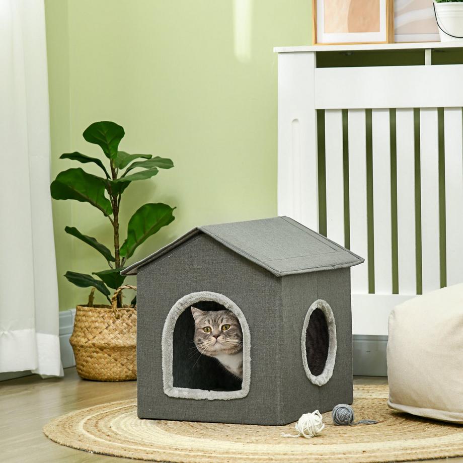 Northio  Cat Cave Niche Confortable Pour Chat Avec Deux Portes, Coussins, Lit Pour Chat Jusqu'À 5 Kg, Polyester En Gris 