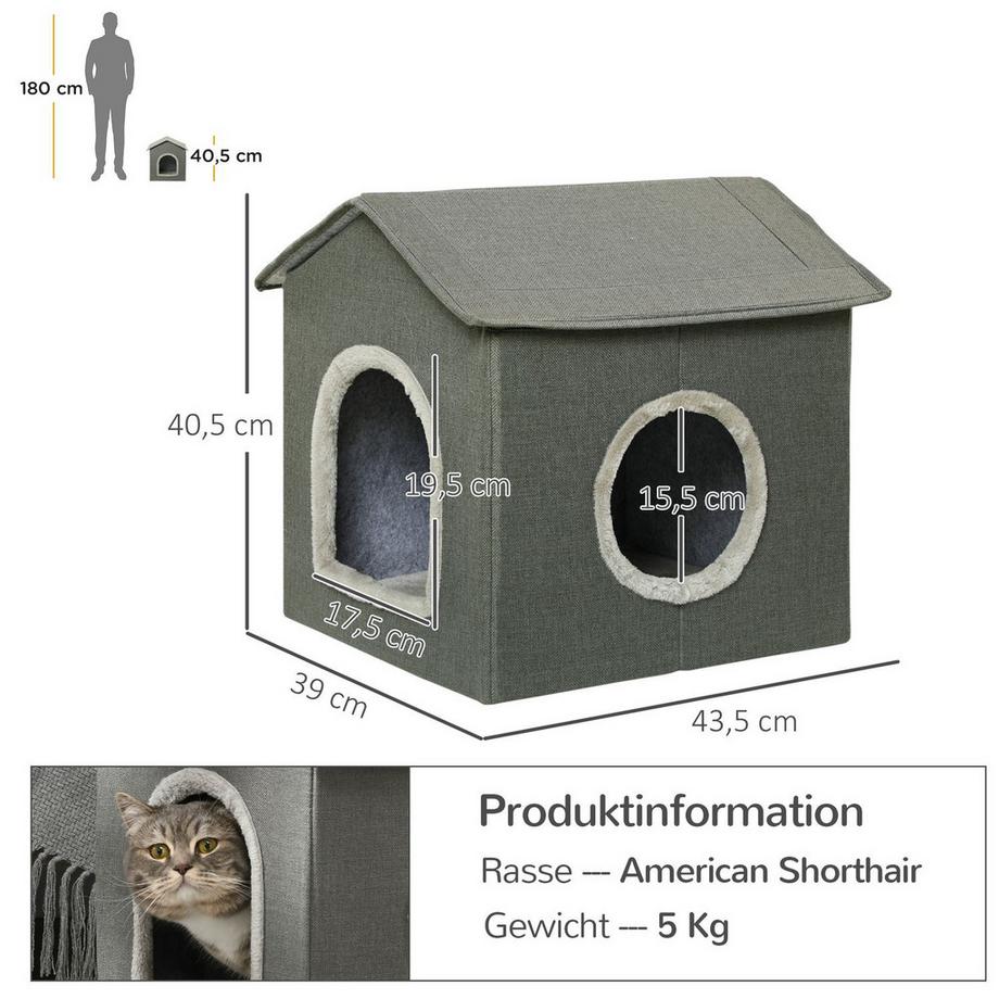 Northio  Cat Cave Niche Confortable Pour Chat Avec Deux Portes, Coussins, Lit Pour Chat Jusqu'À 5 Kg, Polyester En Gris 