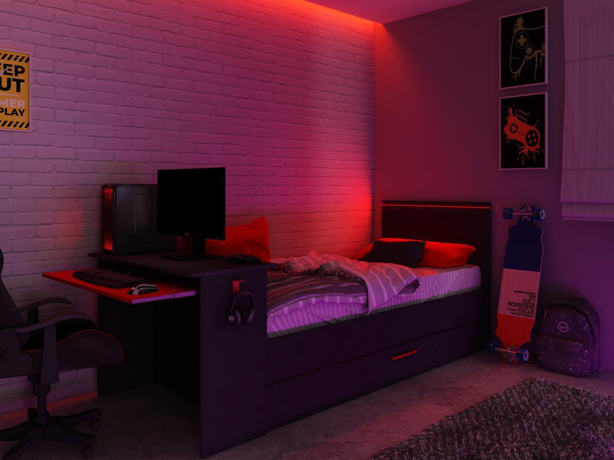 Vente-unique Lit gigogne gamer 2 x 90 x 200 cm - Avec bureau - LEDs - Anthracite et rouge - VOUANI  