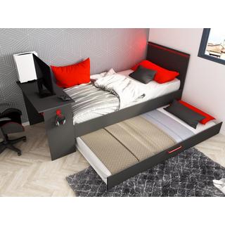 Vente-unique Lit gigogne gamer 2 x 90 x 200 cm - Avec bureau - LEDs - Anthracite et rouge - VOUANI  