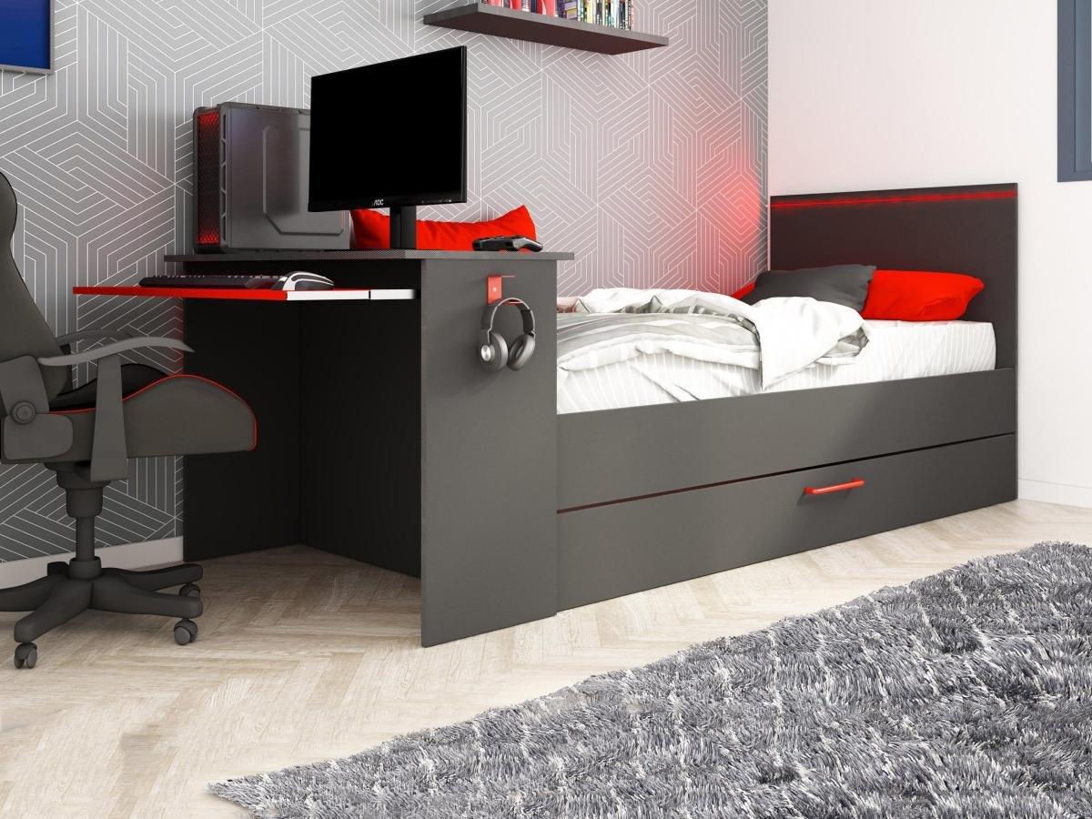 Vente-unique Lit gigogne gamer 2 x 90 x 200 cm - Avec bureau - LEDs - Anthracite et rouge - VOUANI  