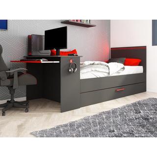 Vente-unique Lit gigogne gamer 2 x 90 x 200 cm - Avec bureau - LEDs - Anthracite et rouge - VOUANI  